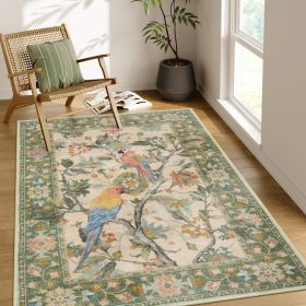 Botanical Birds 5x7 Washable Living Room Rug, Boho Green Bedroom Dining Room Rugs for Under Table (Color: GREEN)
