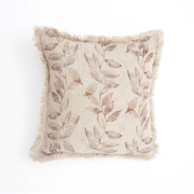 Linen Printed Cushion With Fringes  Brown (Option: BROWN)